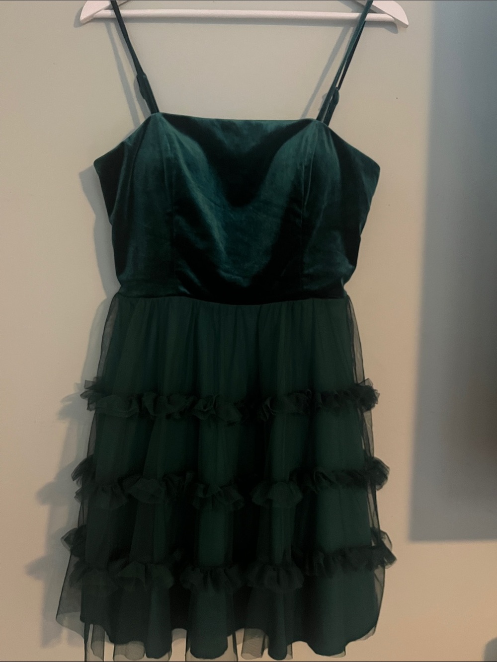 Girls Dark Green Velvet & Tulle Ruffle Party Dress